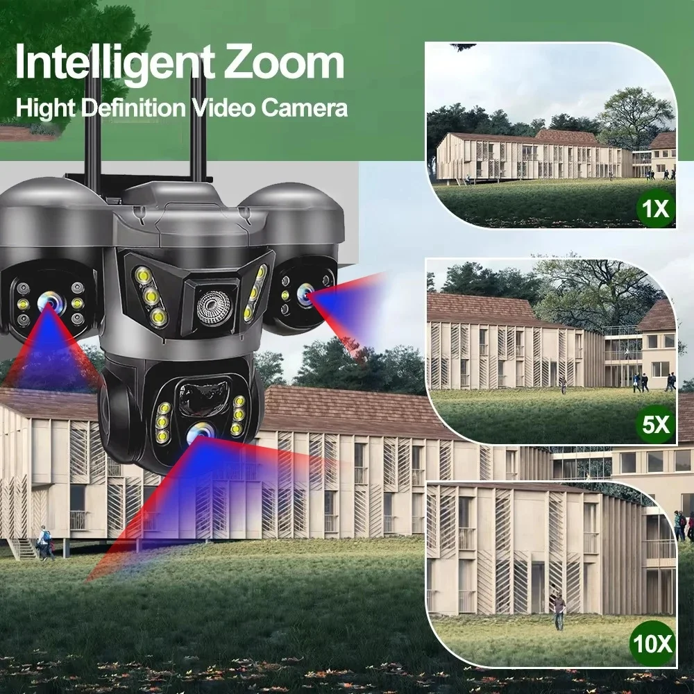 15MP 4G Solar Camera Outdoor 10X Zoom Triple Lens PTZ CCTV PIR Motion Detection Security Surveillance V380 Pro 3-Screen Camera