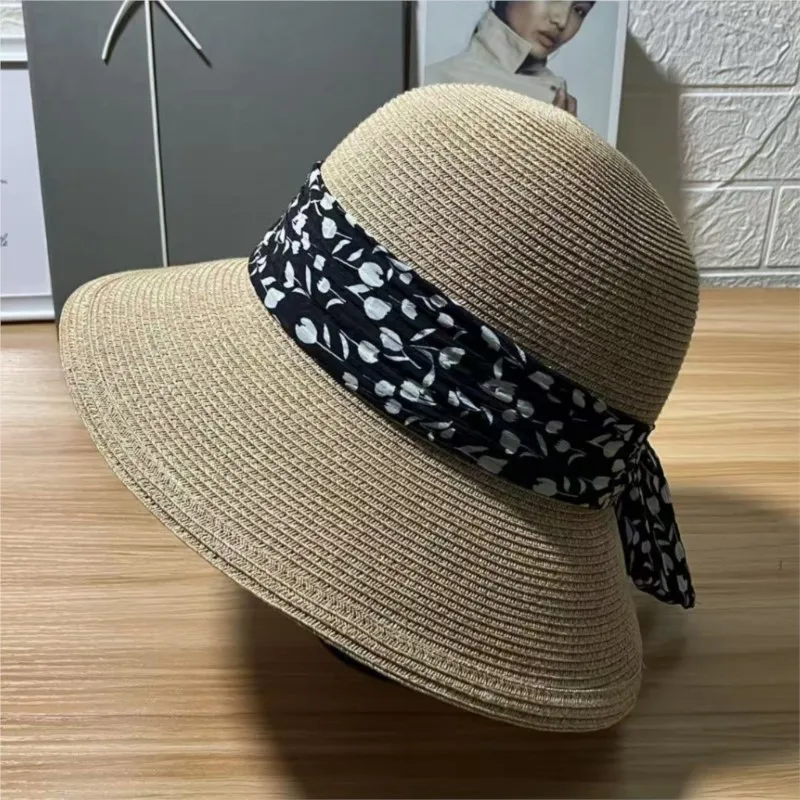 

Gentle breeze floral ribbon slit woven fisherman's hat and vacation