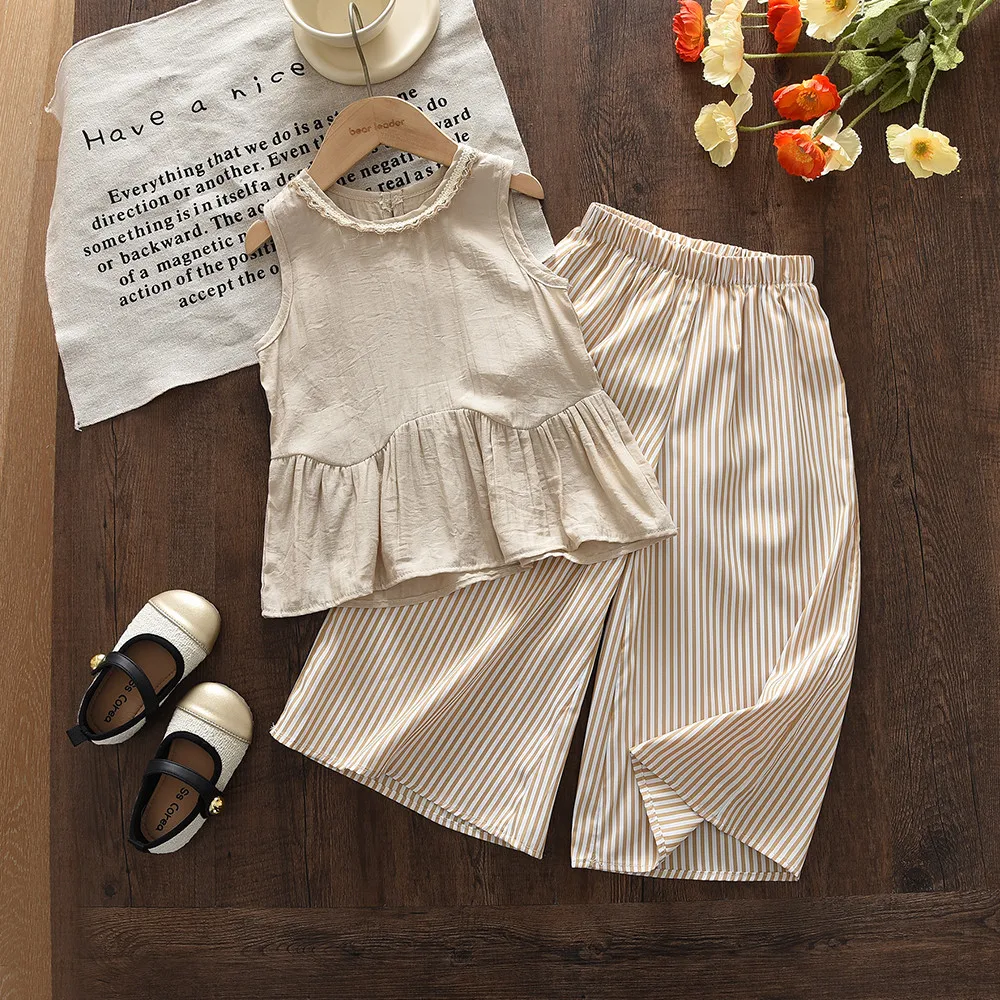 3-7 Years Old Fashion New Khaki Children's Clothing Girls Summer Korean Version Sleeveless Top + Striped Pants Two-piece Set