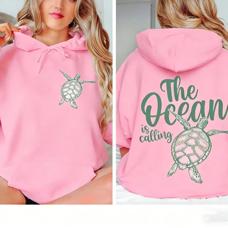 Sudadera The Ocean is Calling con estampado minimalista de tortugas para amantes de las tortugas, Sudadera térmica con capucha de tortugas marinas para mujer, regalos ecológicos