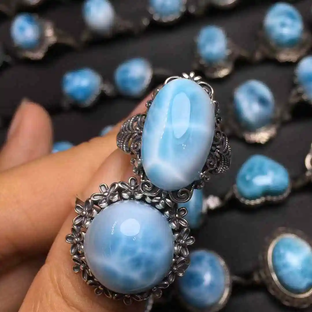 Unit One Piece 925 Silver With Natural Larimar Crystal Gemstone Finger-rings For Jewelry Gift