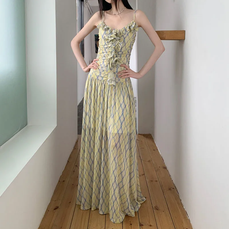 Lady Dress Checkered Pattern V-neck Pleated Edge Decoration A-line Sleeveless High Waist Slim Fashion Versatile Sling Long Dress