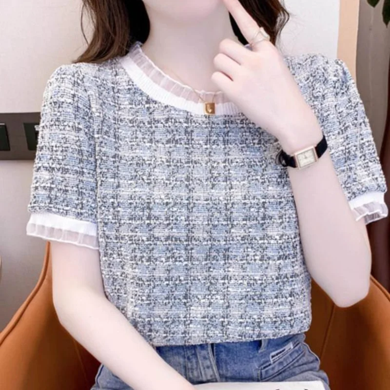 2024 New Summer Elegant and Elegant Style Small Fragrant Wind Fashion Wooden Ear Round Neck Western Short Top for Women