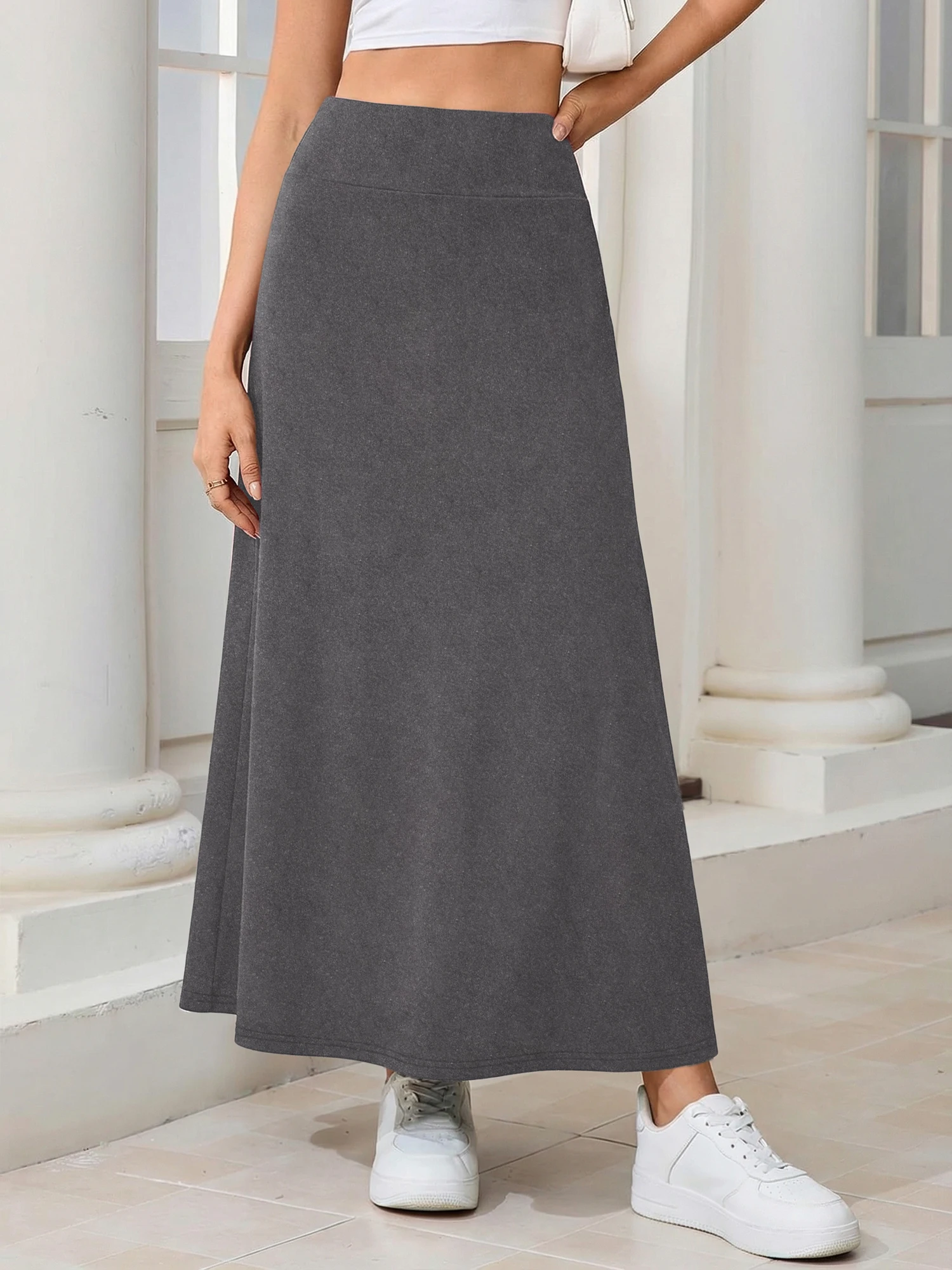 Ladies Daily‑use Flowy A‑Line Long Maxi Skirt High‑waist Soft Knit Swing Skirt Solid Commuter Party Vacation Bottoms