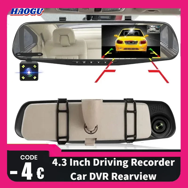 4.3 Inch Driving Recorder Car DVR Rearview Mirror Dual Lens Car Recorder 1080P IPS Front and Rear Camera Registrar Black Box New