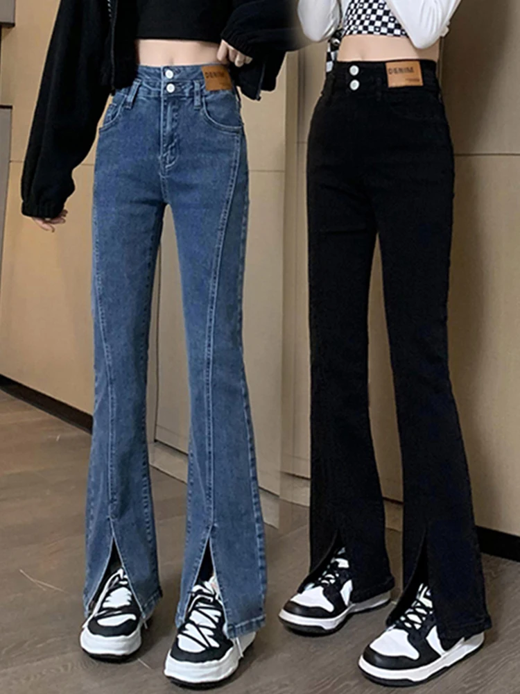 광저우 새로운 미사 사이드 슬릿 청바지 여성 봄 가을 몸집이 작은 하이 웨이스트 부츠컷 바지 9점 하이 매치 벨 바닥 바지 XS