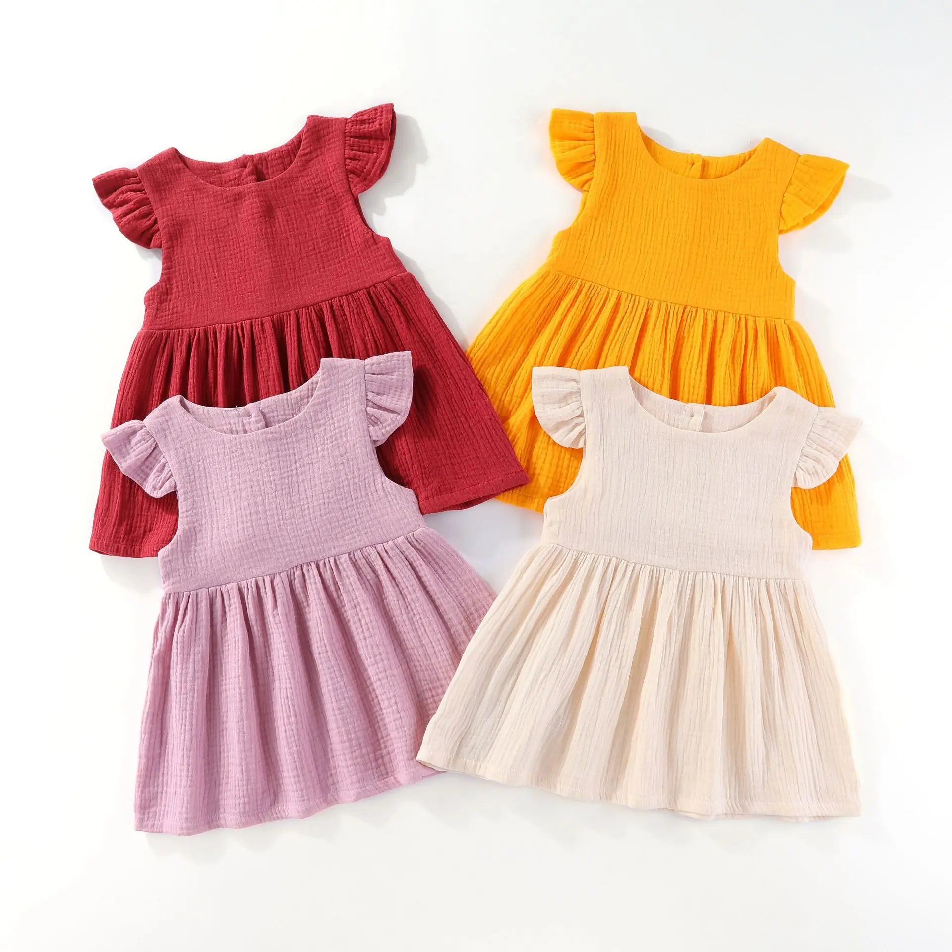 

Summer Girls' Comfortable Breathable Cotton Linen Flutter Sleeve Dress Infant Toddler Breathable Bamboo Texture Princess Dress