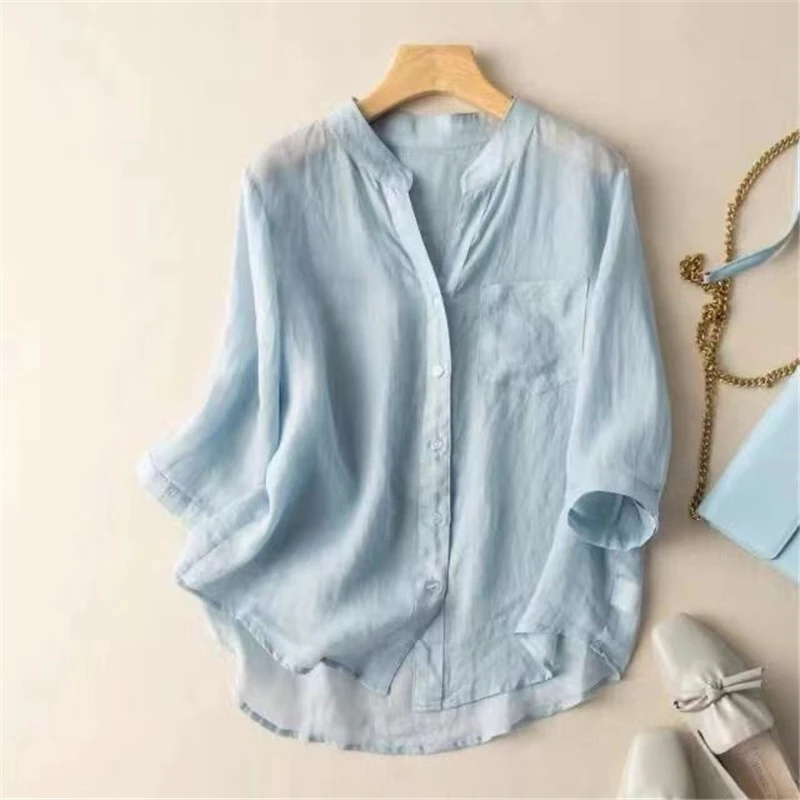 Women\'s Clothing Summer Retro Simple Casual Cotton Linen Shirt V Neck 3/4 Sleeve Loose Blouse Solid Irregular Tops Female Blusas