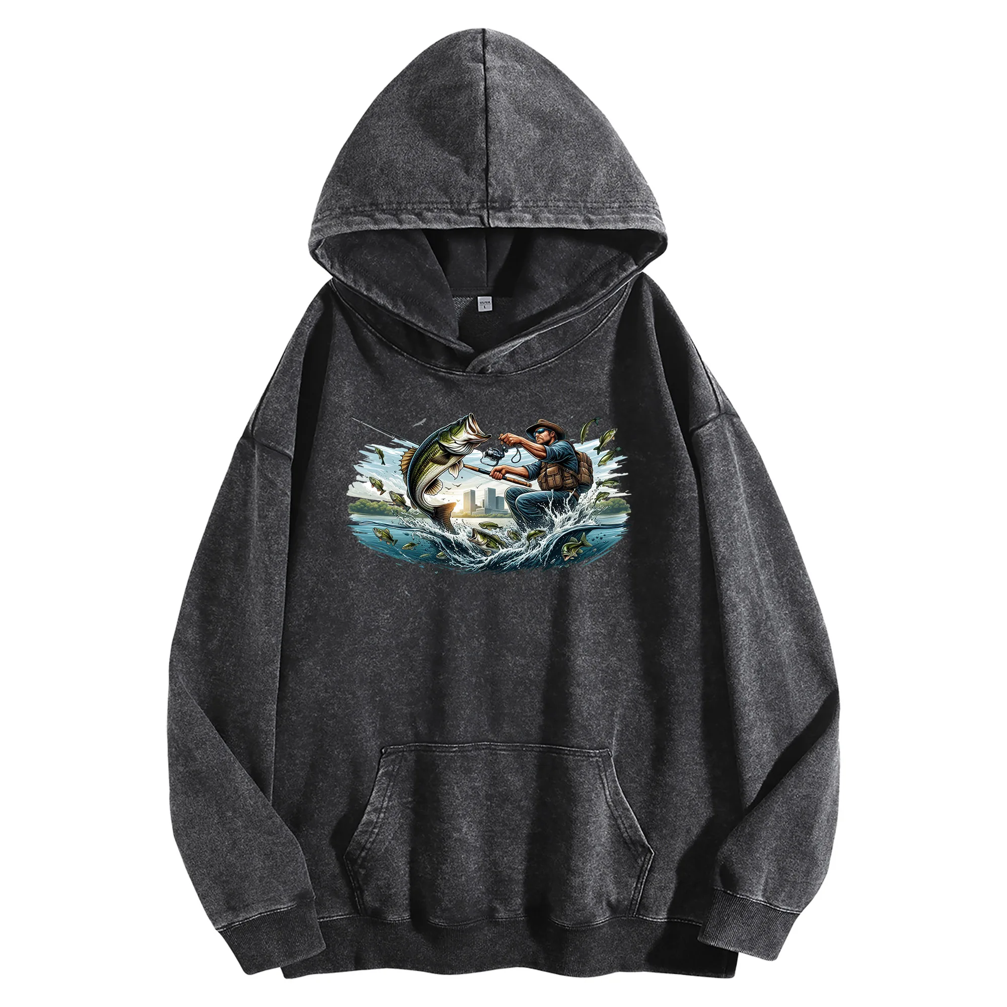 

Винтажная потертая толстовка с капюшоном Catch Fish с графическим принтом 400 г, уличная одежда унисекс, пуловер большого размера, осенне-зимняя коллекция