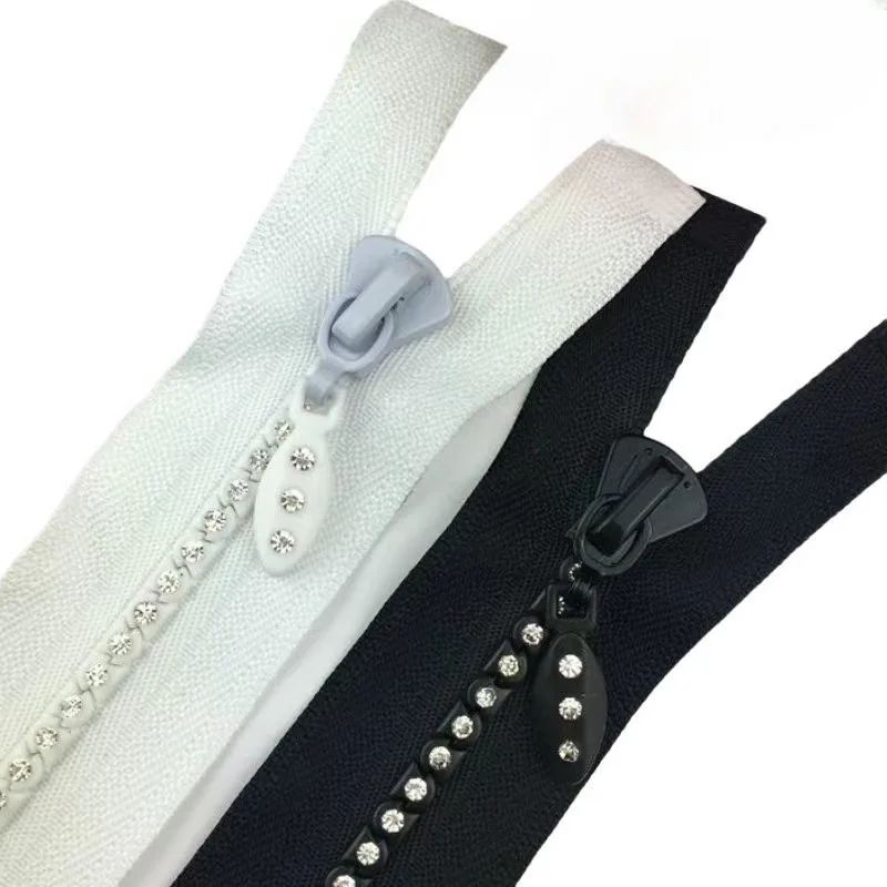 

5# 50cm 60cm 70cm Luxury Decorative Resin Diamond Zipper Black White Single Open End Apparel Fasteners Sewing Accessory