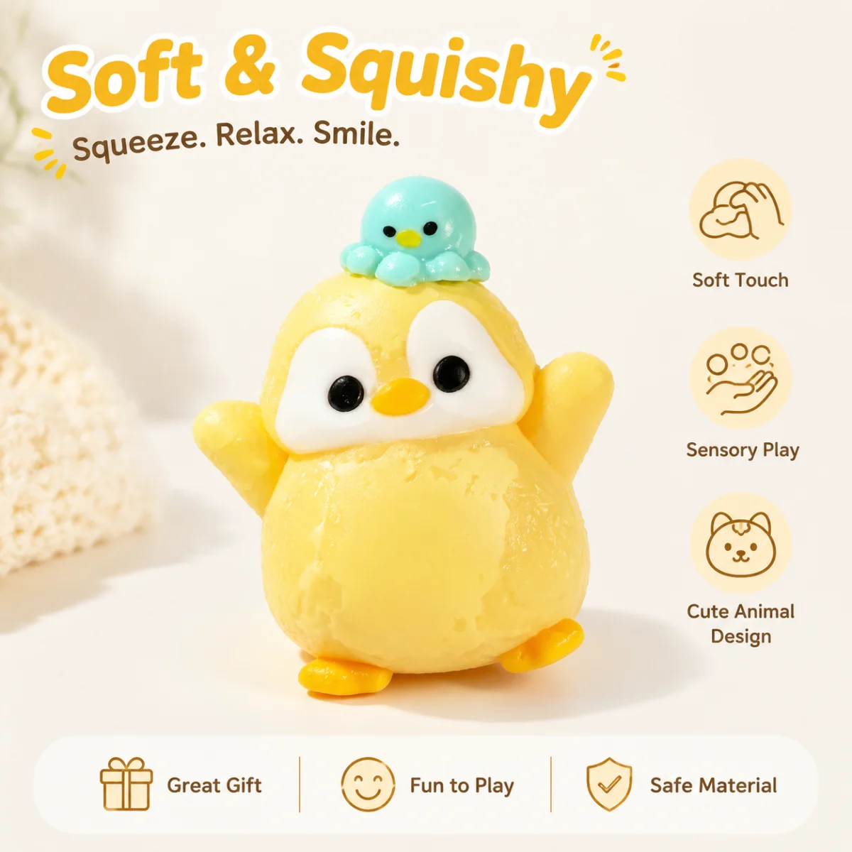 Cute Penguin Shape Squishy Toy Food Grade Silicone Material Adorable Octopus Ornament Soft Squeeze Sensory Toy Stress Relief