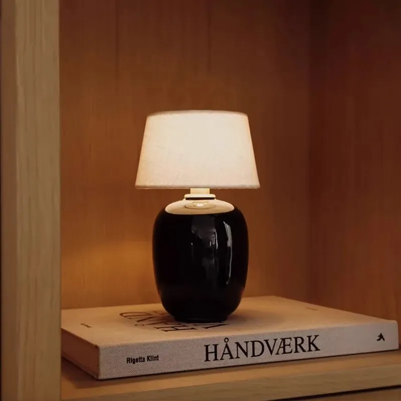 

French Retro Rotundity Ceramics Rechargeable Tabla Lamps White Fabric Lampshade Living Room Bedroom Restaurant Office Desk Light