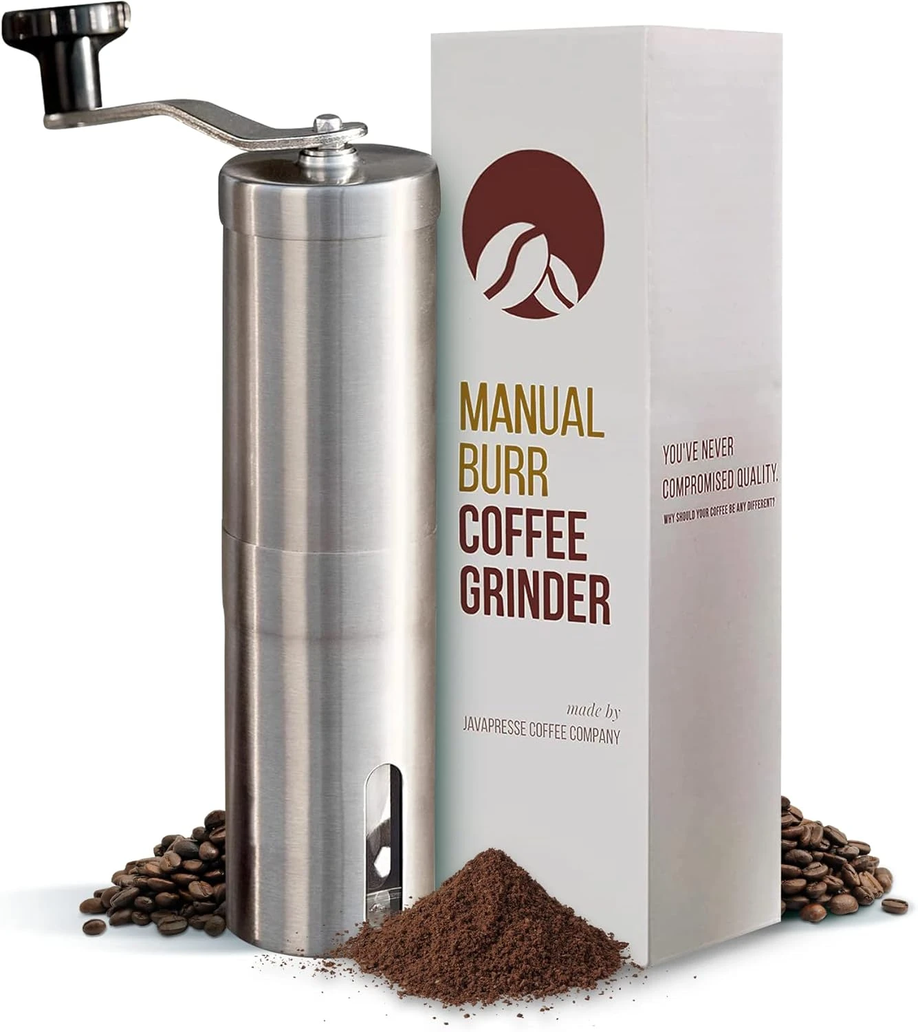 JavaPresse Manual Stainless Steel Coffee Grinder - 18 Adjustable Settings, Portable Conical Burr Grinder for Camping, Travel