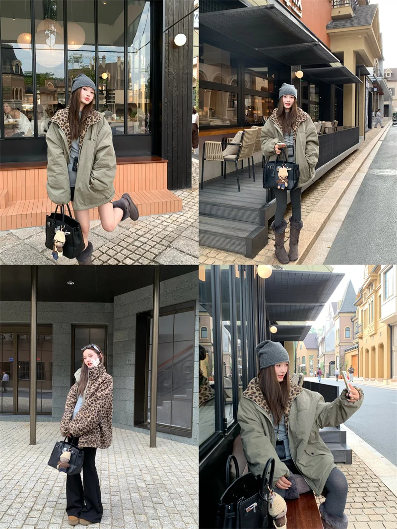 

Retro American Green Loose Leopard Print Lamb Velvet Cotton Jacket Women's Casual Warm Double-Sided Coat Spring Commute Style