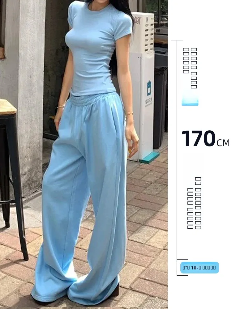 

Женские синие спортивные брюки с высокой талией, свободного кроя, прямые, для ранней осени, повседневные, струящиеся, комфортные, стройнящие