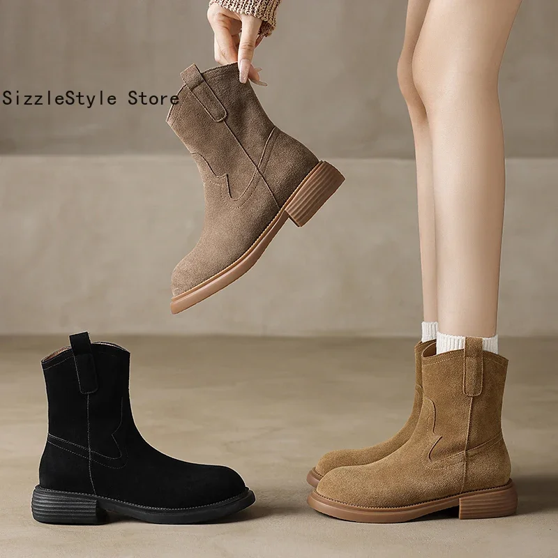 

Retro Style Solid Color Frosted Leather Round Toe Side Zipper Short Barrel Comfortable Thick Heel Ladies Commuter Short Boots