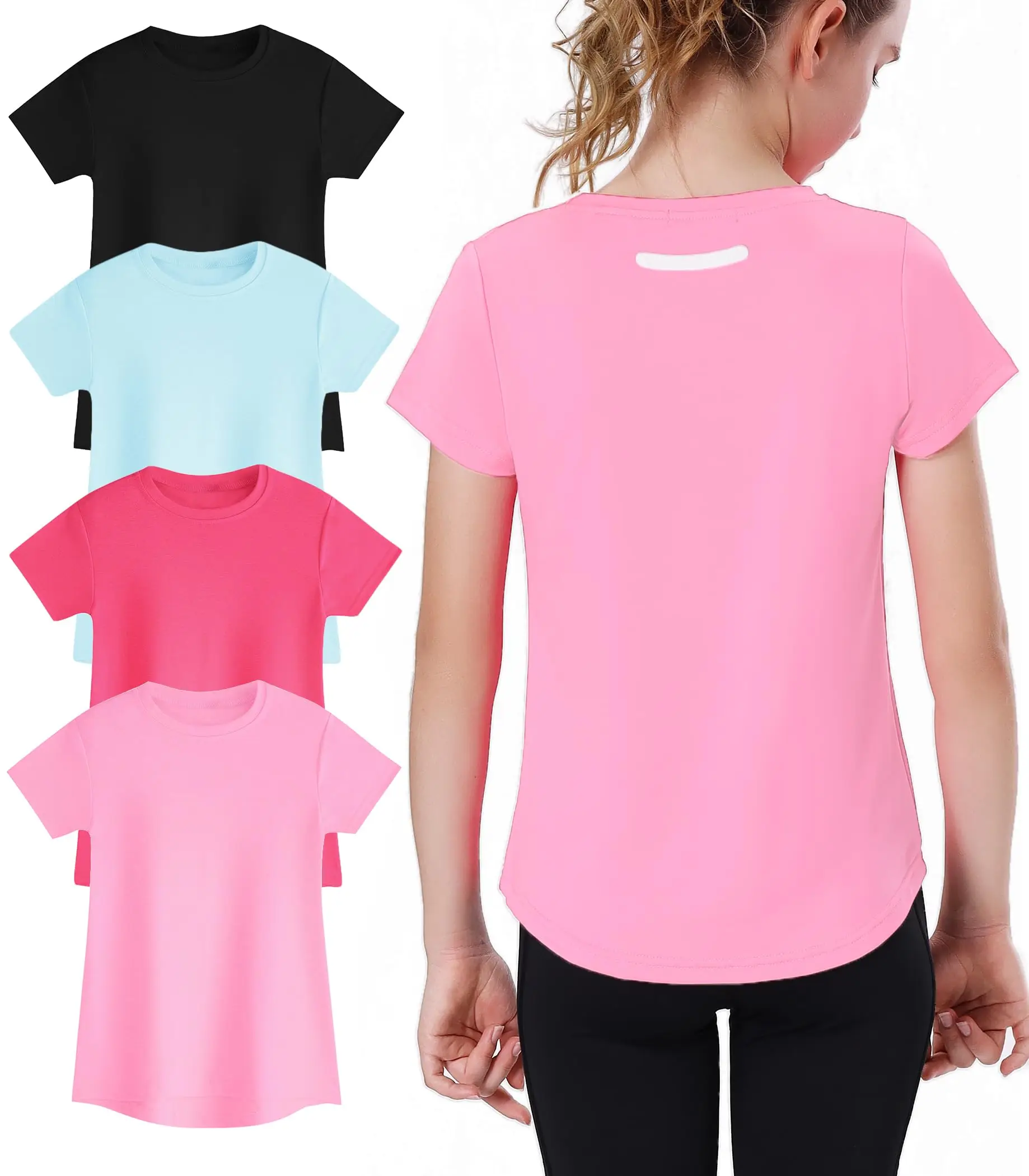 4 Pack Girls Sports Short Sleeve Quick Dry Crew Neck T-Shirts Activewear Performance Tops for 8-16 Years Old