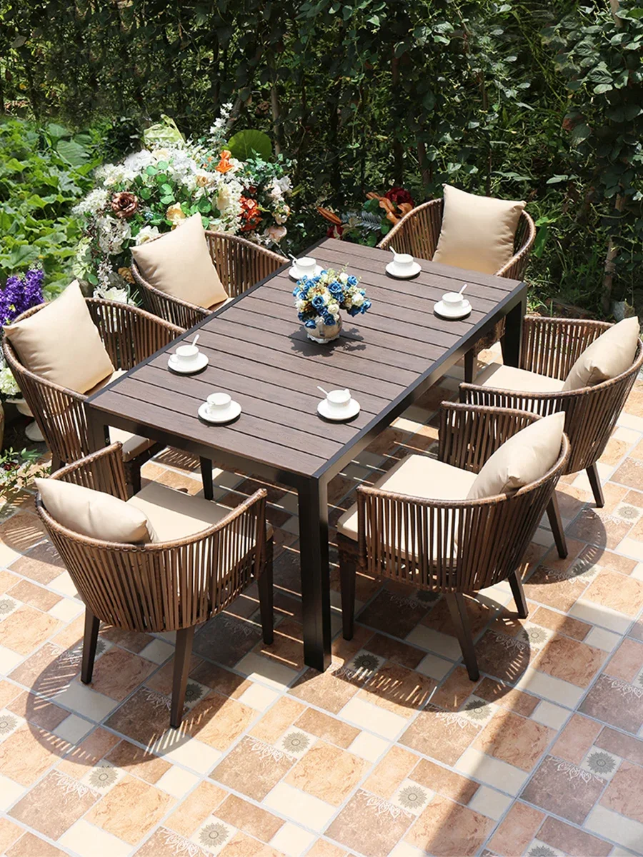 Outdoor courtyard furniture  tables and chairs tea table balcony rattan  anti-corrosion plastic-wood tables and chairs villa