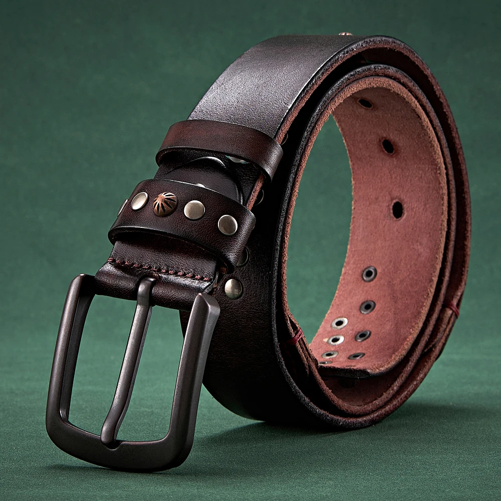 3.8CM Real Cowskin Genuine Leather Belt Retro Skull Punk Rivet Belt For Man Cowboy Male Designer Exclusive Strap For Jeans view 3