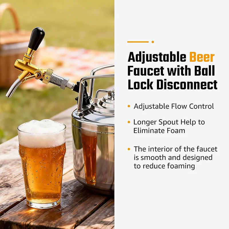 Golden Beer Tap,Adjustable Brew Faucet with Liquid Ball Lock Disconnect Connector,Kegerator Tap Dispenser withFlow Control Valve view 5