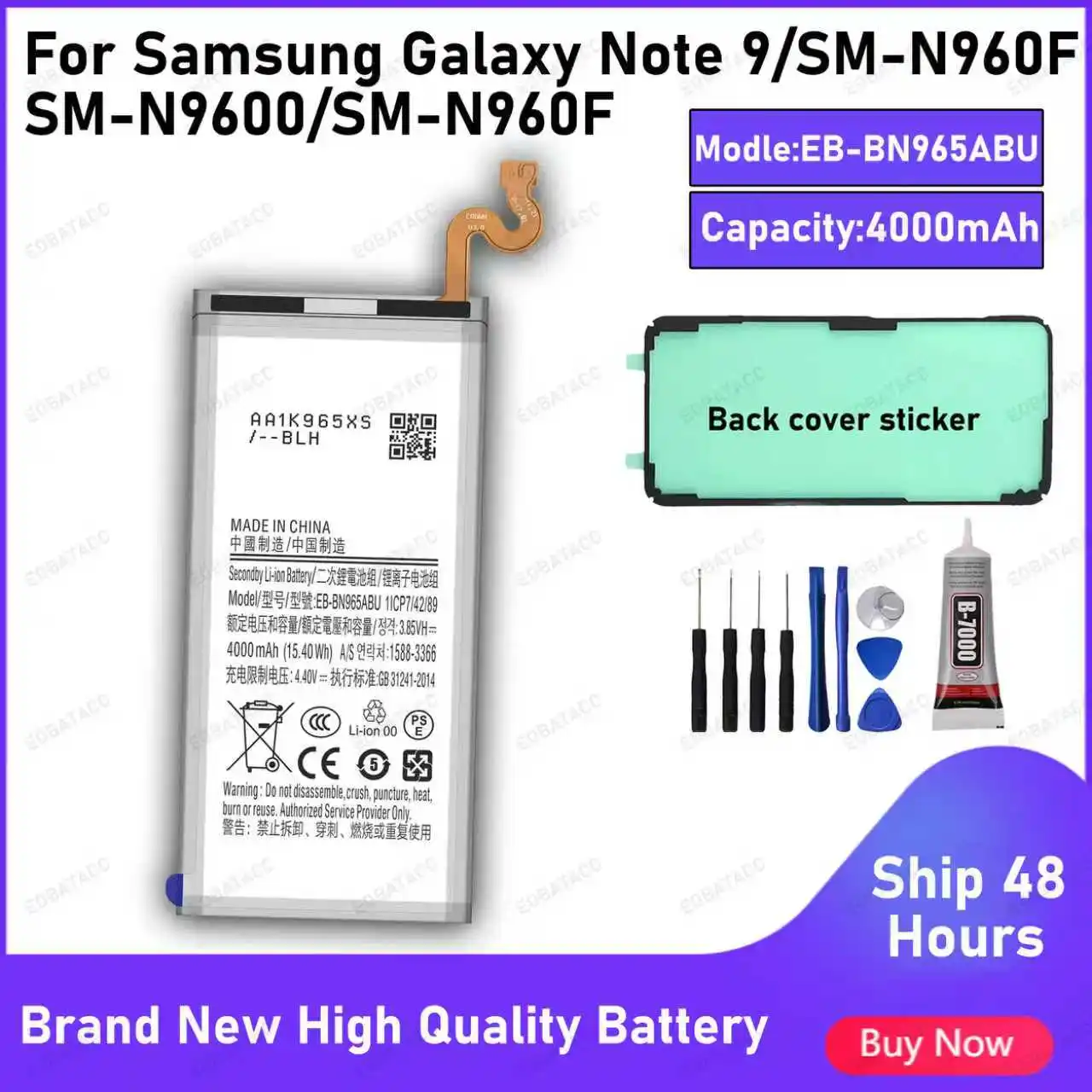 

100% New High Quality EB-BN965ABU Battery for Samsung Galaxy NOTE 9/SM-N960F/SM-N9600 Batteries+Free Tools Back cover glue