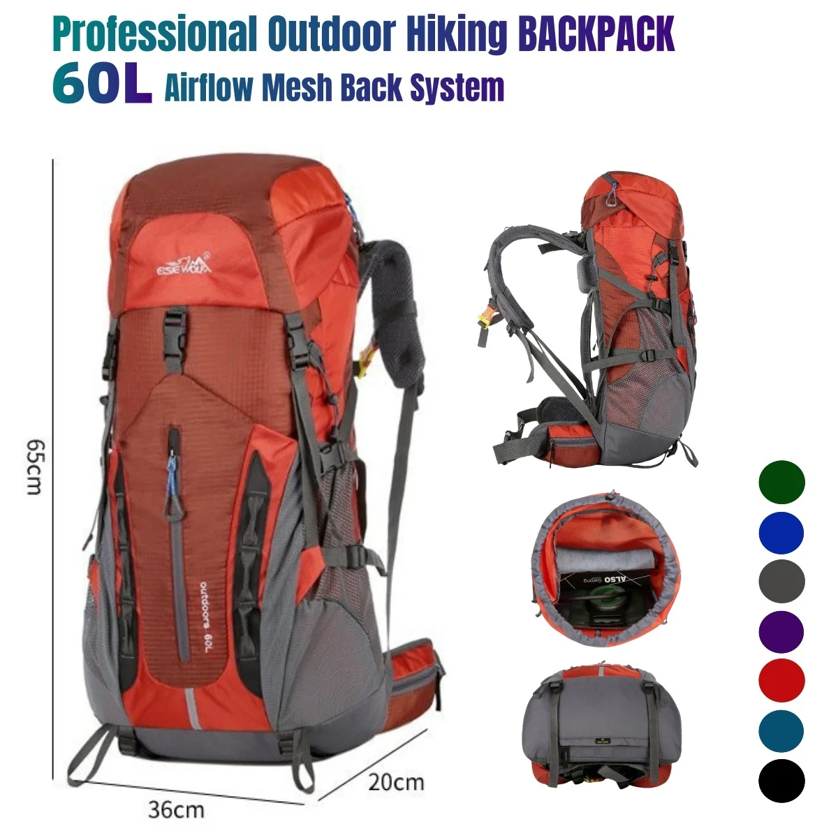 Mochila impermeable de gran capacidad para acampar, bolsa de viaje ultraligera con tapa de lluvia, para senderismo y montañismo al aire libre, 60L