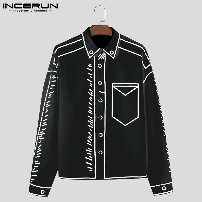 Handsome Hot Sale Clothing INCERUN Men's 2024 Manga Cartoon Printed Line Shirt Fashion Hot Sale Loose Long Sleeved Blouse S-5XL