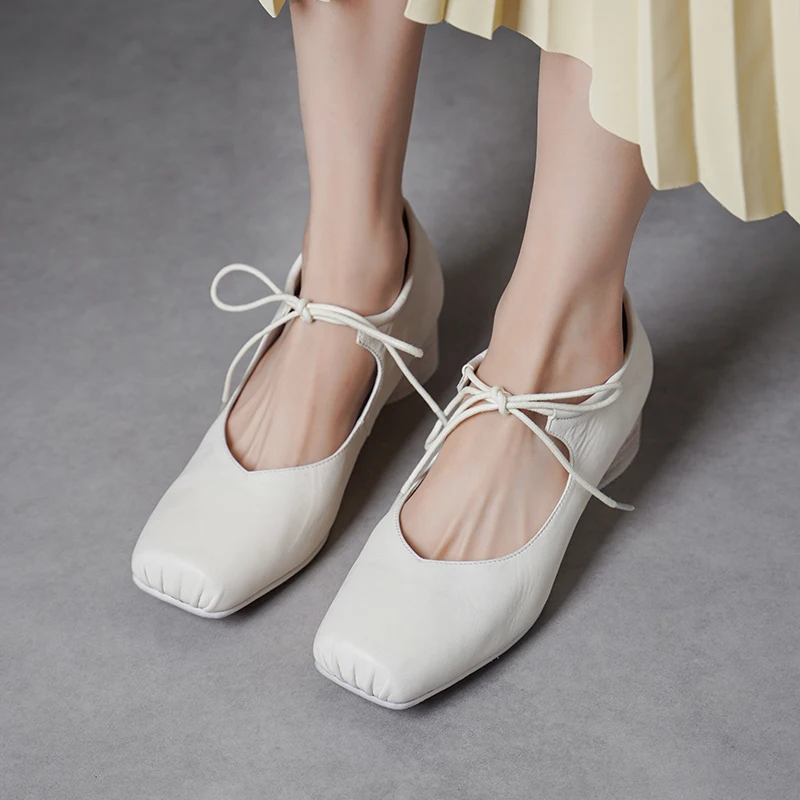 Women Ballet Shoes Spring Handmade Pumps Mid Heel Dress Work Pumps European Cross Tied Mary Janes Horsehide Square Toe Footwear