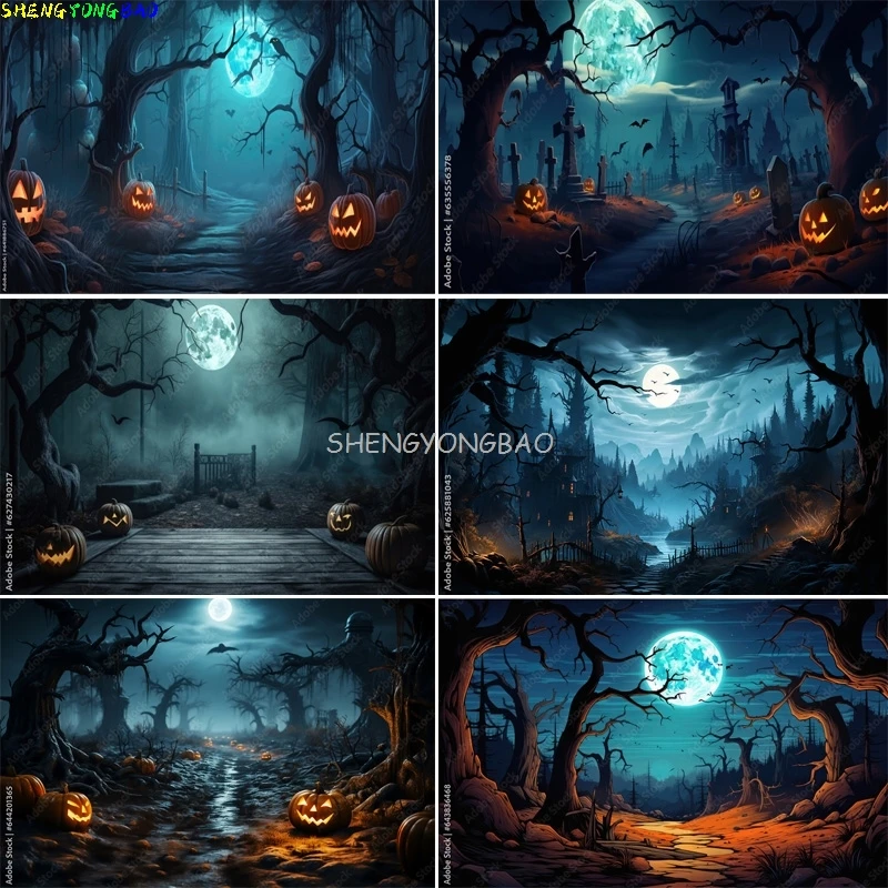 

Halloween Day Spooky Backdrop lanterns Cobwebs Creepy Vanity Filled Wicked Eerie Evil Scary Dark Night Forest Background XZ-01