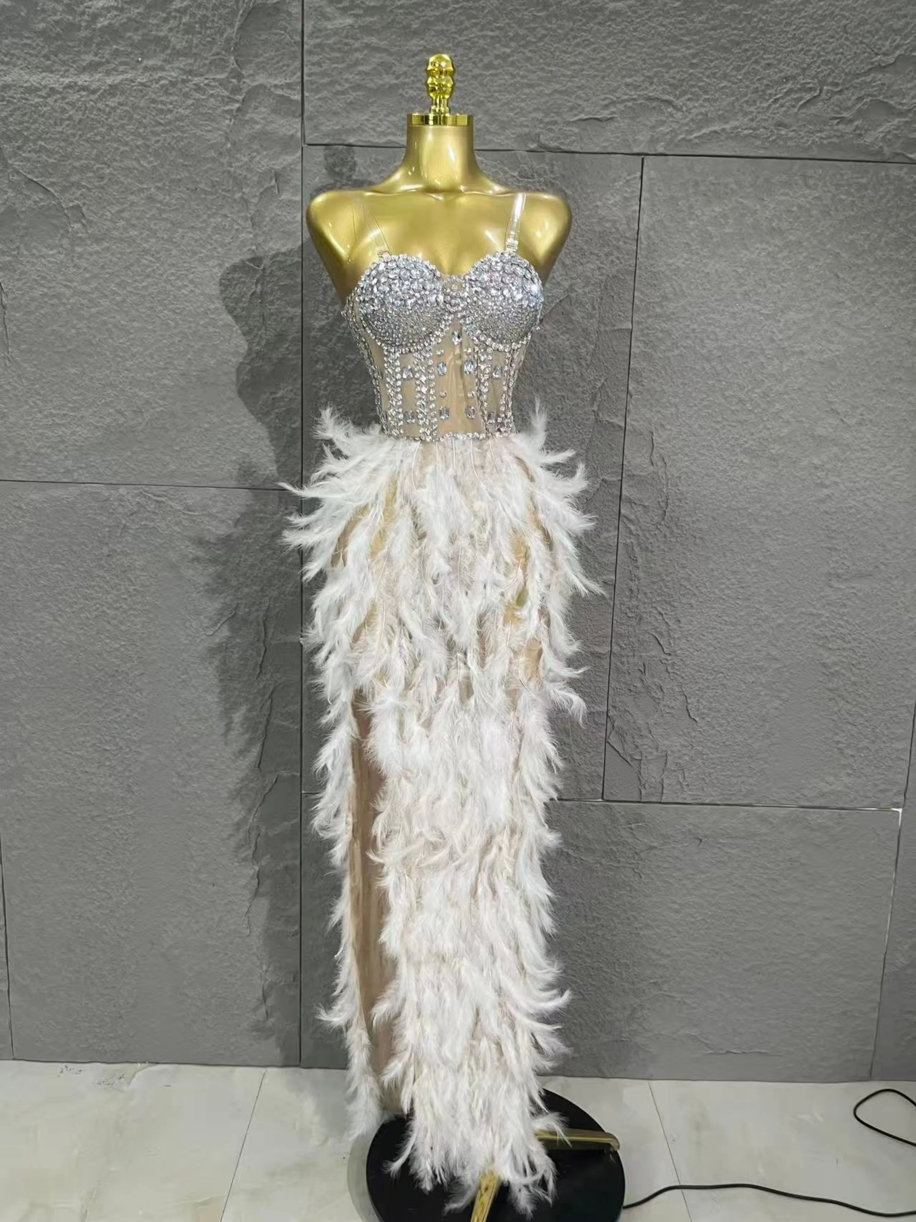 Robe longue en maille, plumes de strass scintillants sophistiquées, Sexy, soirée, spectacle d'anniversaire, séance photo, Costume de tapis rouge