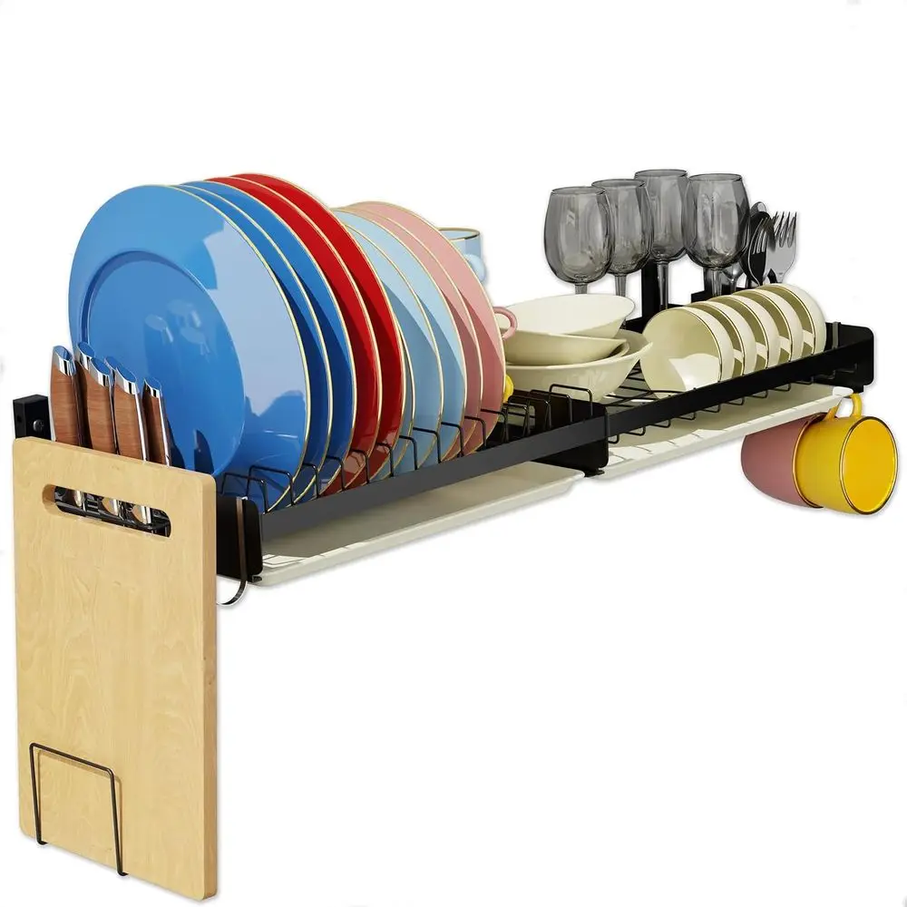 

Black Wall-Mounted Dish Drying Rack with Cutting Board, 4 Hooks, 2 Drain Trays, Suitable for Apartments and RVs, Adhesive Instal