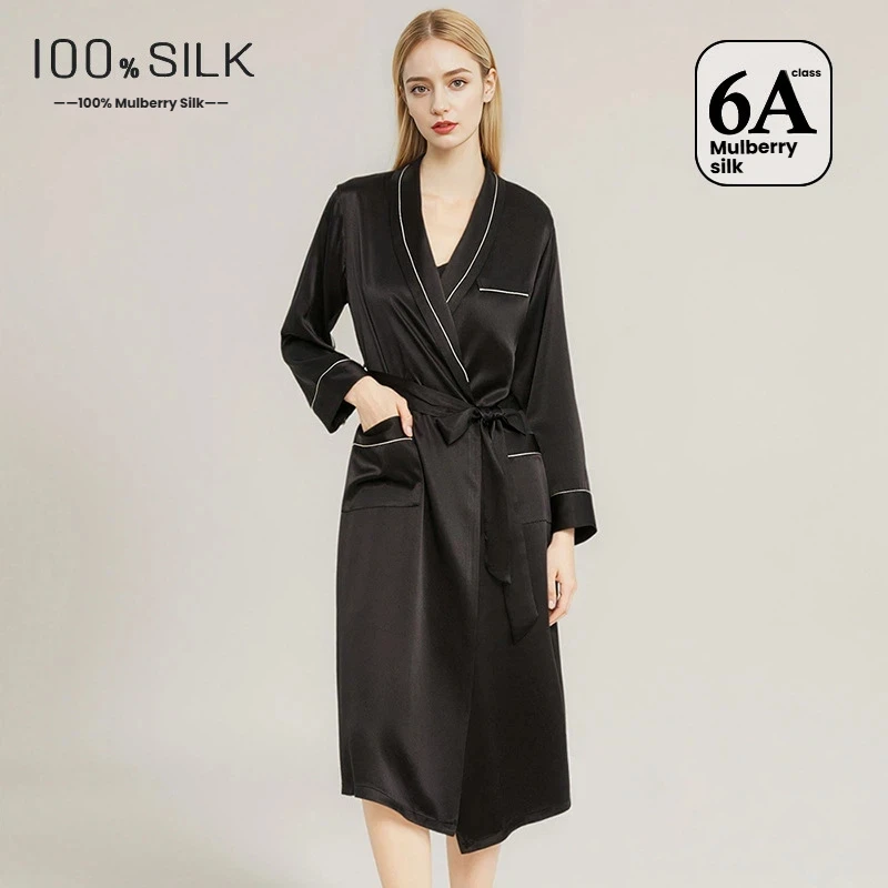 19 Momme Silk Robe Women 100% Mulberry Silk Midi Long Kimono Bathrobe Heavyweight Satin Loungewear Outerwear Coat