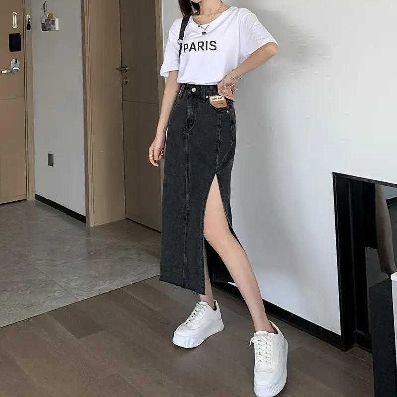 여성 스플릿 데님 드레스 2025 여름 신상 미디 기장 슬림 A라인 드레스 빈티지 심플 캐주얼 롱 스트릿웨어 올매치 스커트