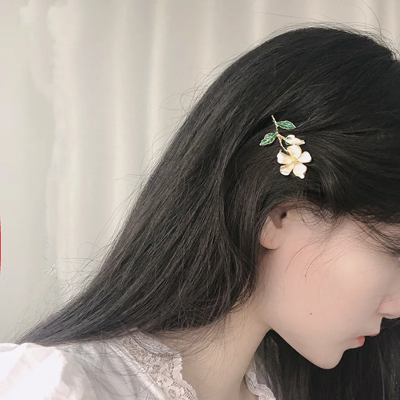 2pcs Romantic Fresh Oil Dropping Gardenia Flower Hair Clip White All-match Summer Simple Temperament  Side Bangs Clip