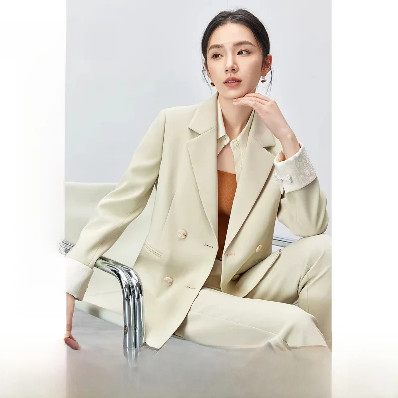 

Women's Double-Breasted Suit Set Long Sve Straight-Hanging Spring 2026 Two-Piece Faionable Versatile Polyester Fiber