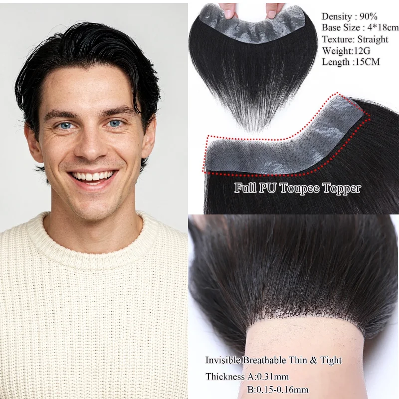 real-human-hair-full-pu-base-men-hairpiece-3x15cm-15cm-natural-black-007cm-handmade-remy-hair-for-forehead-coverage