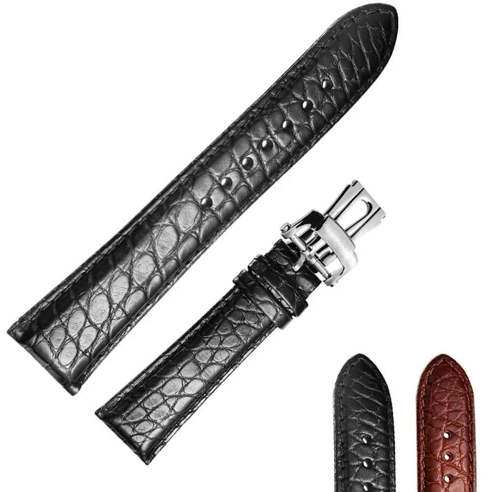 Reef Tiger/RT 22 mm Watch Band Alligator Strap for Men Brown Black Genuine Leather Watch Strap