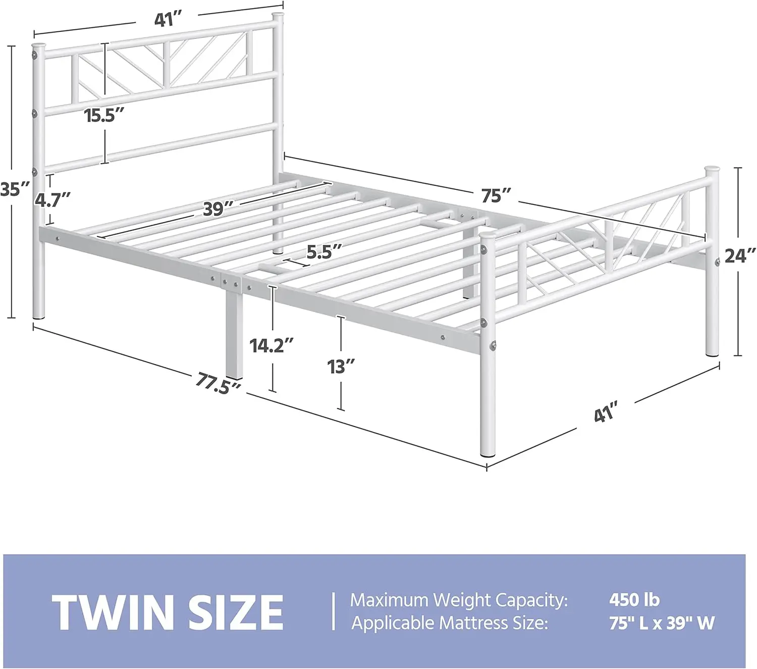 Doppelter Plattform bett rahmen mit Pfeil-Design-Kopfteil, 13-Zoll-Metallmatratzengehäuse, einfach zu montieren, weiß