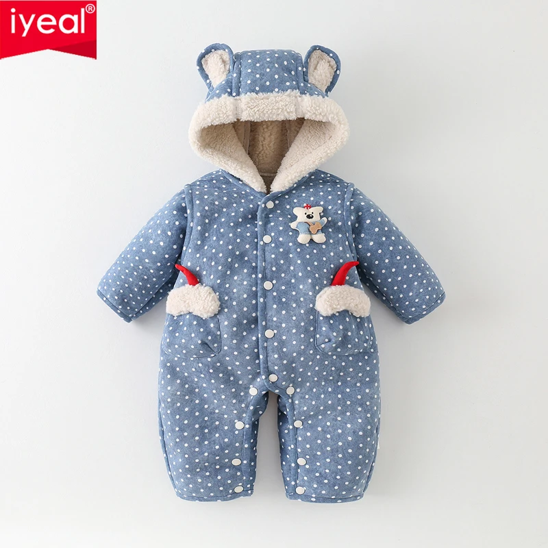 IYEAL Baby Boys Girls Winter Hooded Romper Polka Dot Bear Ear Fleece Lined Thick Quilted Jumpsuit Newborn Infant Warm Outerwear