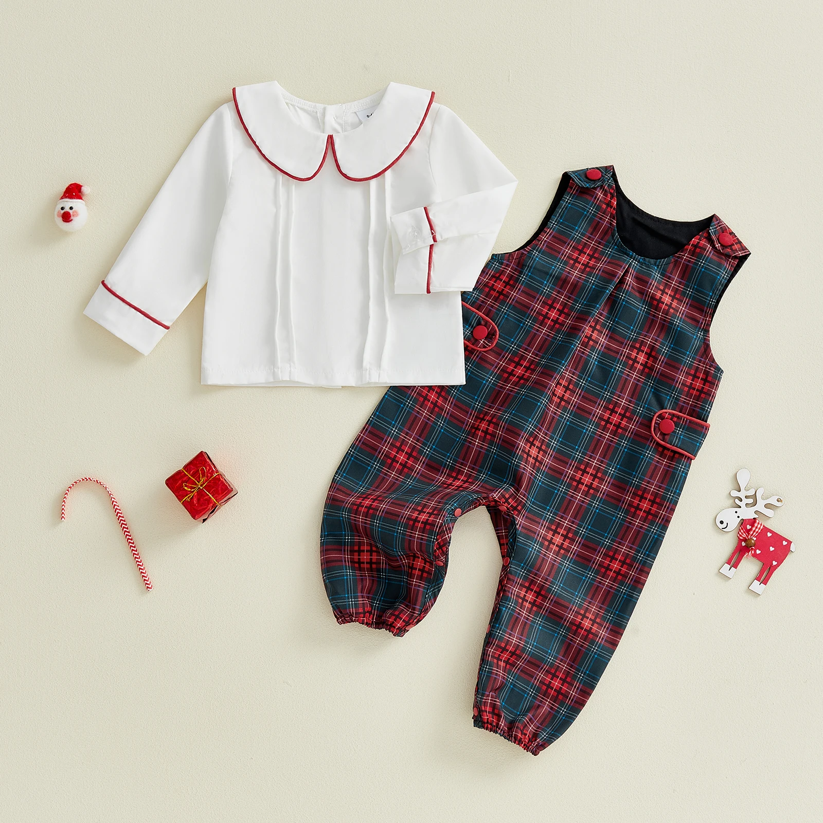 Baby Boys Christmas 2 Piece Outfit Cute Long Sleeve Doll Collar Shirt Tops Plaid Overalls Set Xmas Clothing