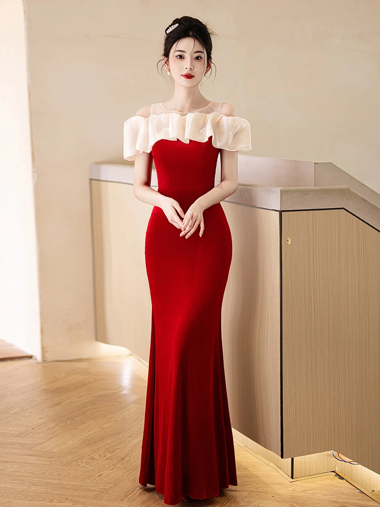 

Red One-oulder High-End Evening Gown Sexy ort Sve Long Dr Fi Tail Wedding Dr for Banquet Dinner Par Performance