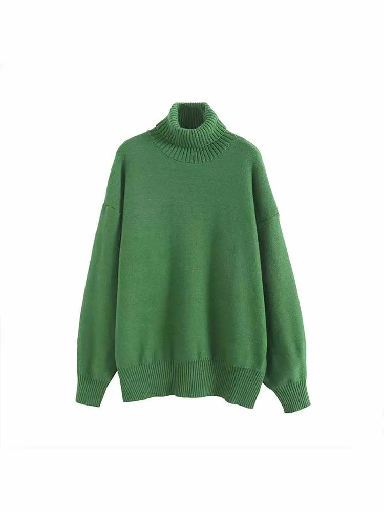 

Women Autumn New Fashion Loose Warm solid High Neck Knitted Sweater Vintage Long Sleeve Female Pullovers Chic Tops