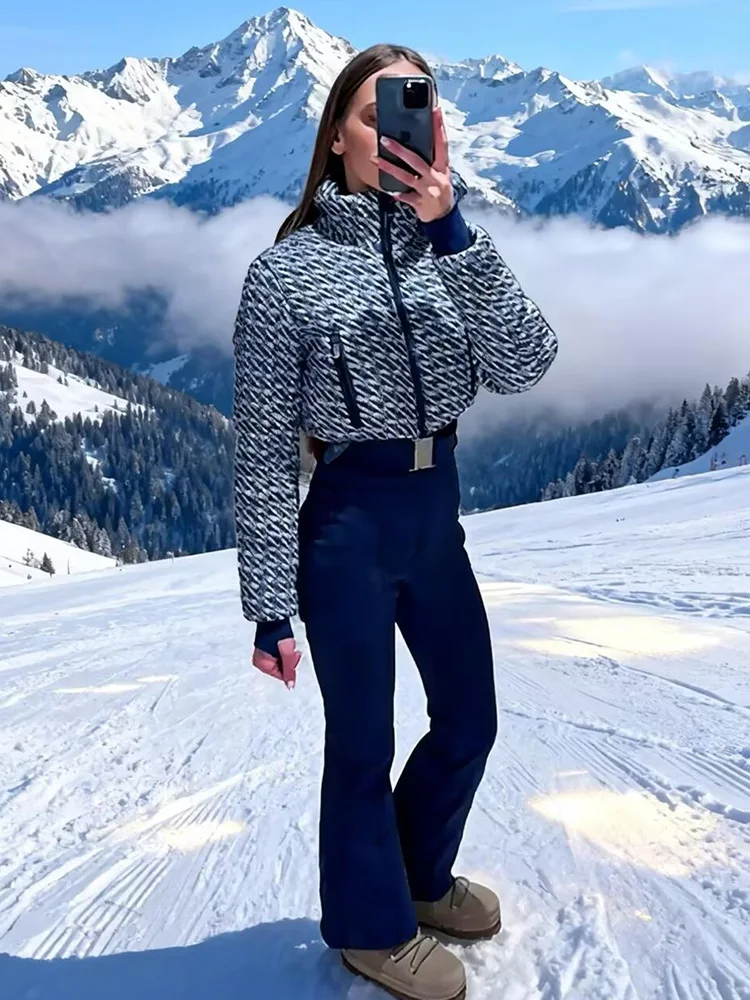 Kombinezon damski HH Fashion z stójką, zapinany na zamek, z kieszeniami, długi rękaw, łączony pasek, ocieplany kurtka-kombinezon na narty, bawełniany.