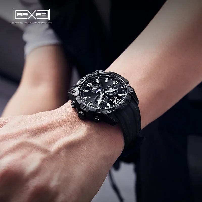 BEXEI 2025 أسود المحارب شهر يوم أسبوع التقويم 24H متعددة الوظائف الميكانيكية حركة أوتوماتيكية رجل ساعة الياقوت الكريستال