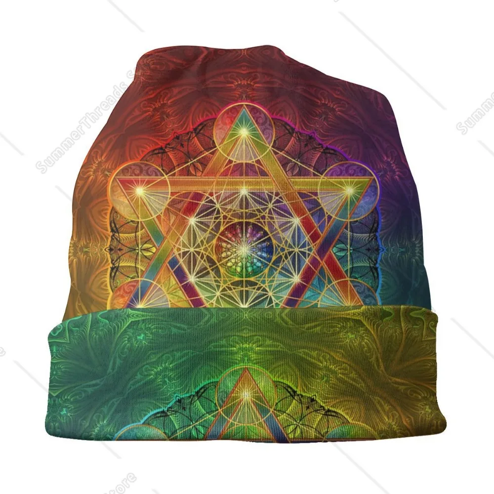 Custom Unisex Bonnet Knitting Hats Metatron's Cube With Merkabah And Flower Of Life Beanie Cap Sacred Geometry Beanies For image 4