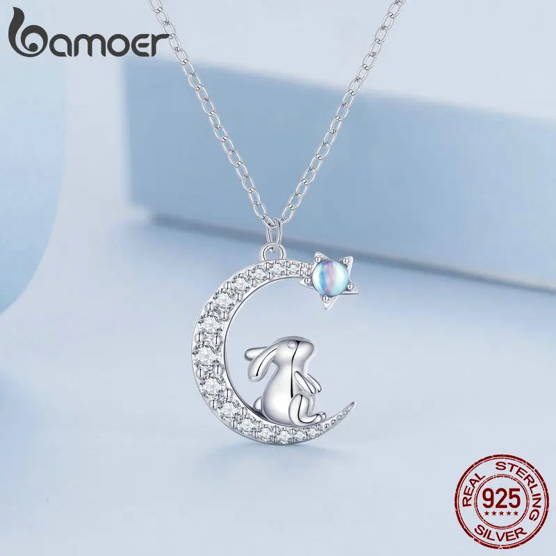 Bamoer collana con ciondolo a mezzaluna in argento Sterling 925 con catena a collo di coniglio carino per le donne regalo di compleanno gioielleria