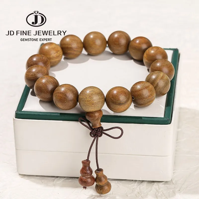 JD Natural Green Sandalwood Wooden Bead Lucky Gourd Bracelet Women Men Buddha Bead Mala Prayer Gourd Pendant Hand String Jewelry