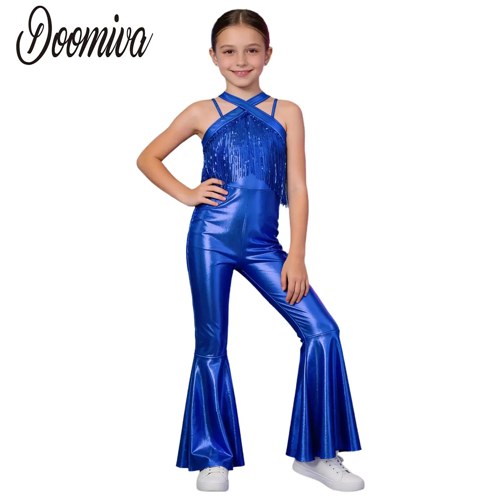 

Kids Girls 70s Prom Party Flare Jumpsuit Jazz Costume Disco Dance Party Shiny Tassels Sequin Sleeveless Zipper Long Pants Romper
