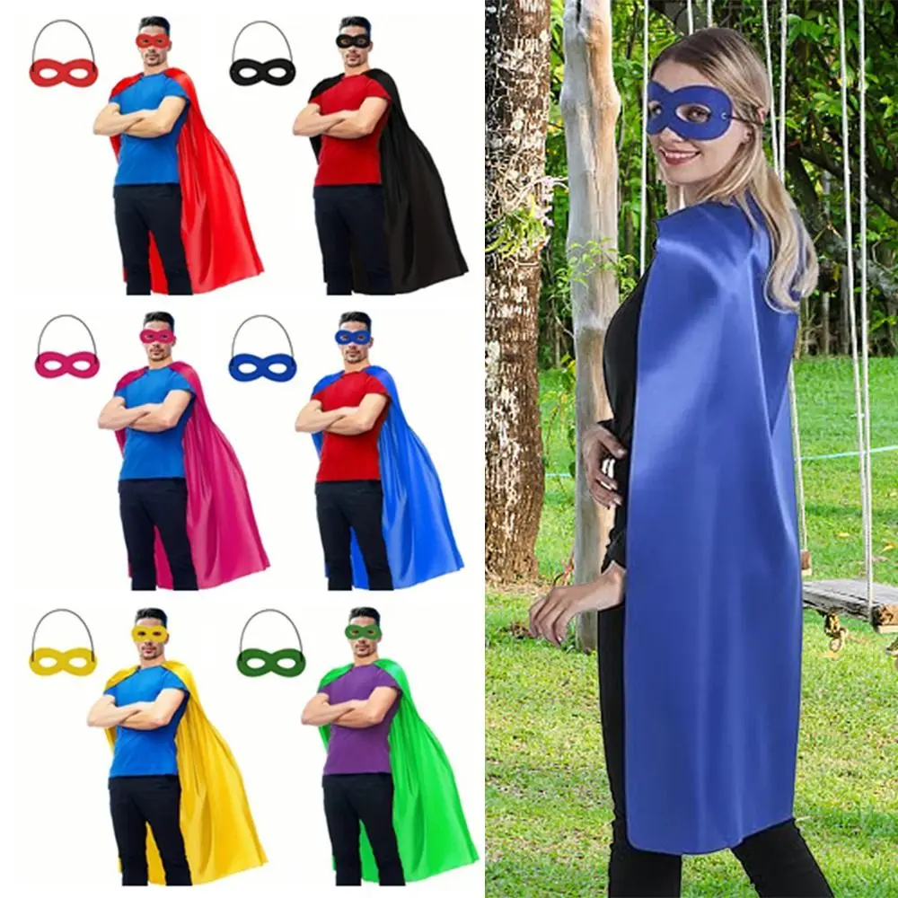 

2Pcs/Set Solid Color Adult Superhero Cape with Eye Mask Cosplay Costume Long Cape Halloween Superhero Cloak Reusable
