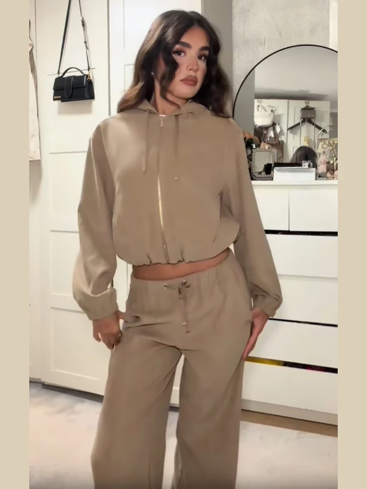 Trendy Hooded Zip Up Two Piece Outfit Set Cropped Top Drawstring Elastic Waist Wide Leg Pants Women Casual Daily Street Wear New